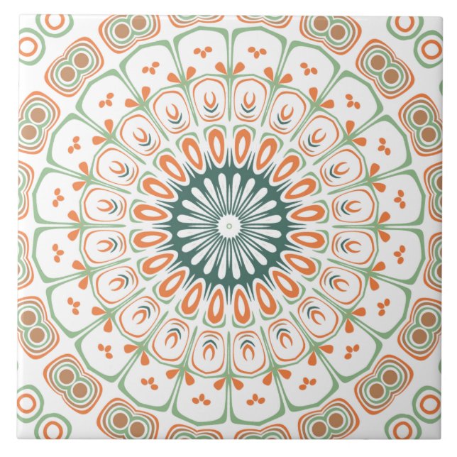 Moderne Orange und Grüne Mandala-Muster Fliese (Vorderseite)