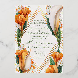 Moderne Orange und Ivory Calla Lilies Wedding Folieneinladung