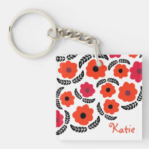 Moderne orange und rote florale personalisierte schlüsselanhänger