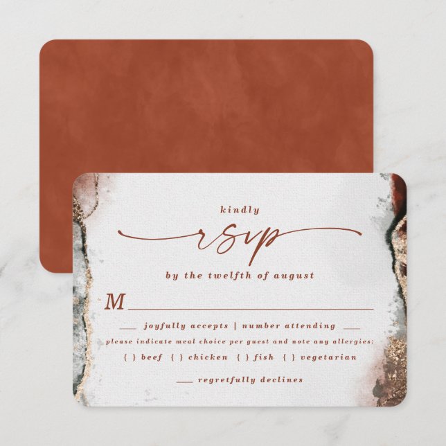 Moderne Orange Wedding Meal Choice RSVP Karte (Vorne/Hinten)