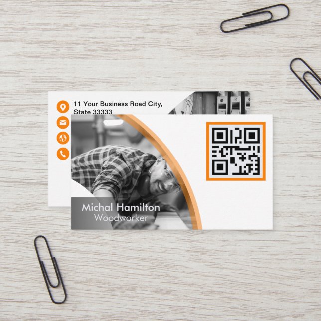 Moderne Orange Woodworker Business Card Visitenkarte (Vorderseite/Rückseite Beispiel)