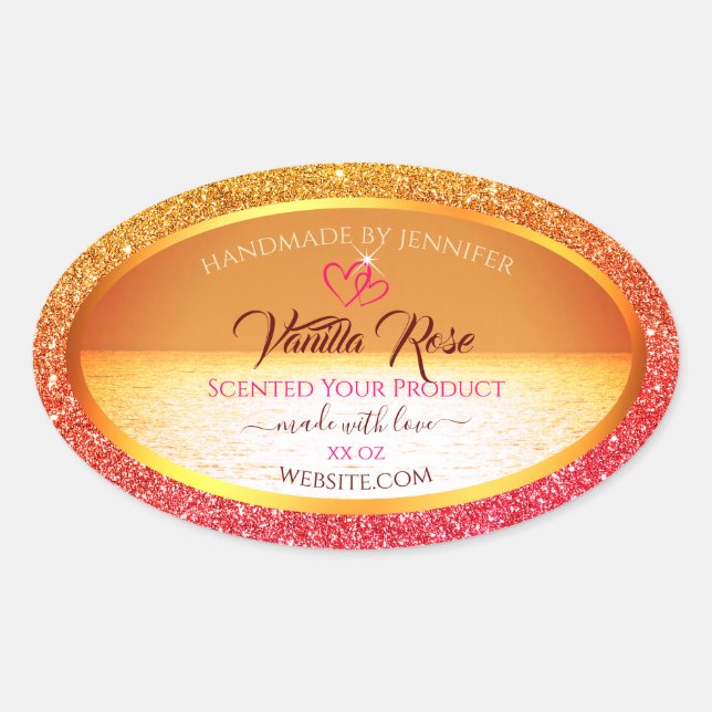 Moderne Orange Yellow Ocean Product Labels Glitzer Ovaler Aufkleber (Vorderseite)