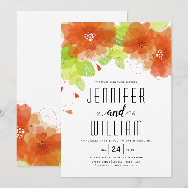 Moderne orangefarbene Blume, Blumenhochzeit Einladung (Vorne/Hinten)