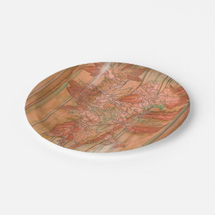 Moderne orangefarbene Blütendrucke auf gestreiftem Pappteller