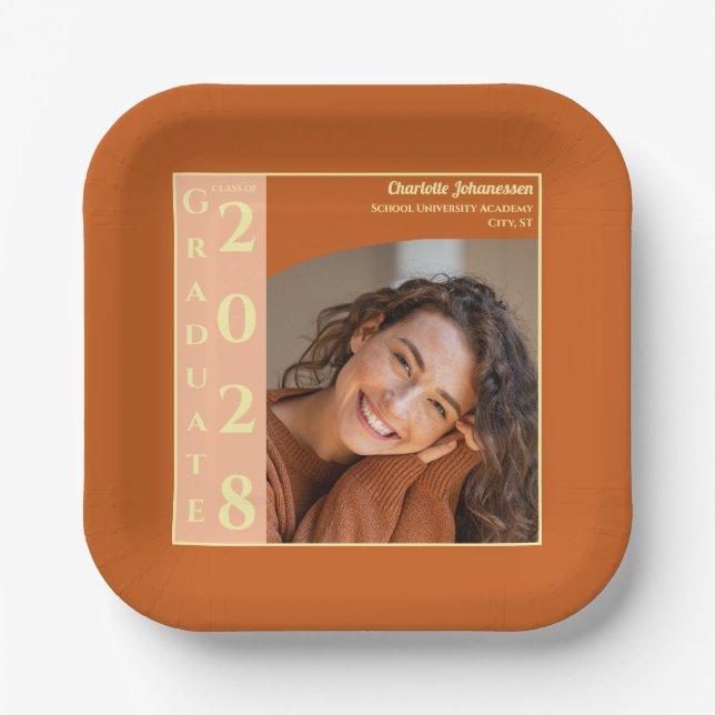 Moderne Orangefarbene Foto-Abschlussfeier Pappteller (Vorderseite)