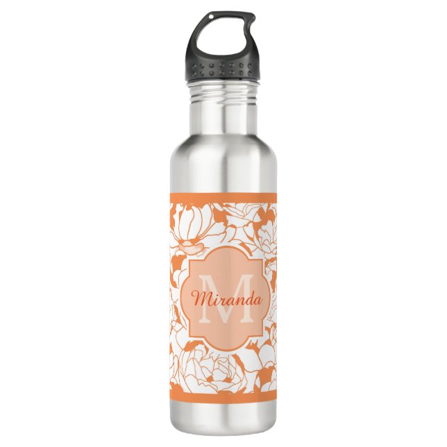 Moderne orangefarbene Girl-Monogramm mit Namen Trinkflasche (Vorderseite)