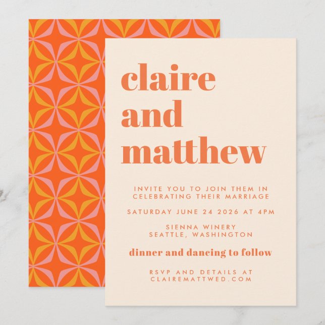 Moderne orangefarbene Retro geometrische Hochzeit Einladung (Vorne/Hinten)