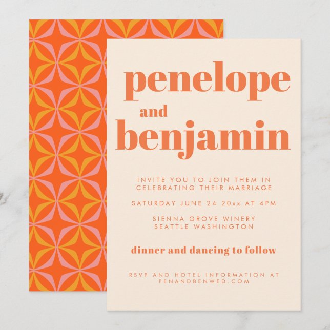 Moderne orangefarbene Retro-Typografie Einladung (Vorne/Hinten)