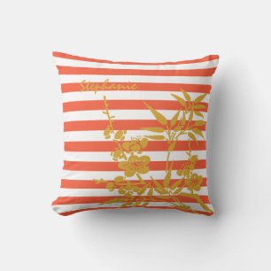 Moderne orangefarbene Streifen goldfarbene Blume u Kissen