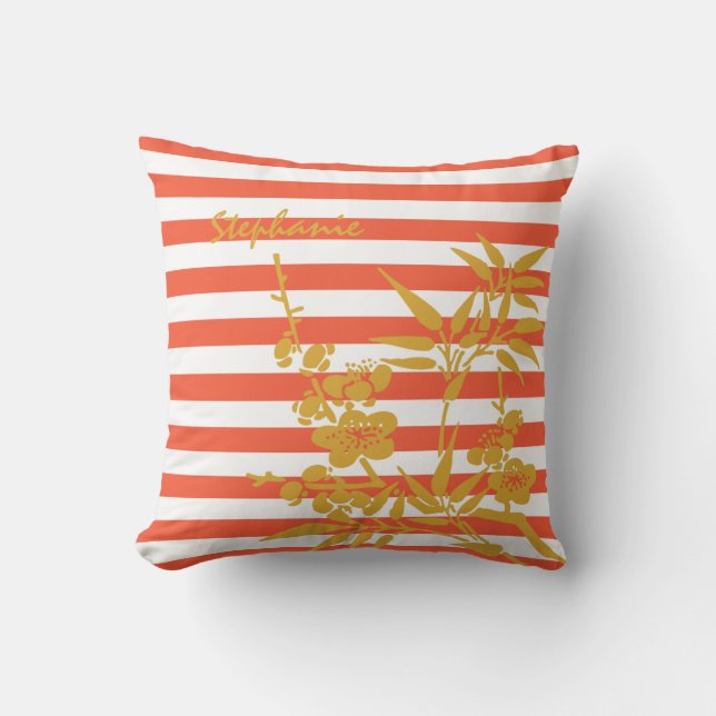 Moderne orangefarbene Streifen goldfarbene Blume u Kissen (Vorderseite)