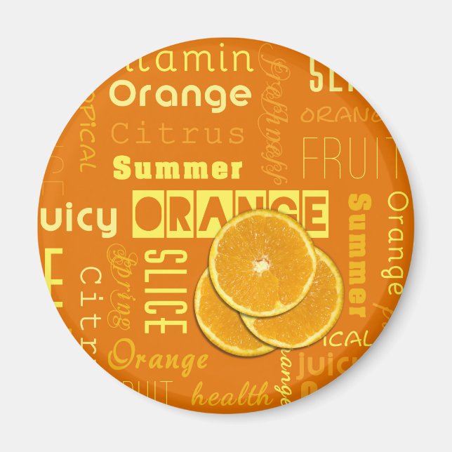 Moderne orangefarbene Typografie Fruchtscheibe Magnet (Vorne)