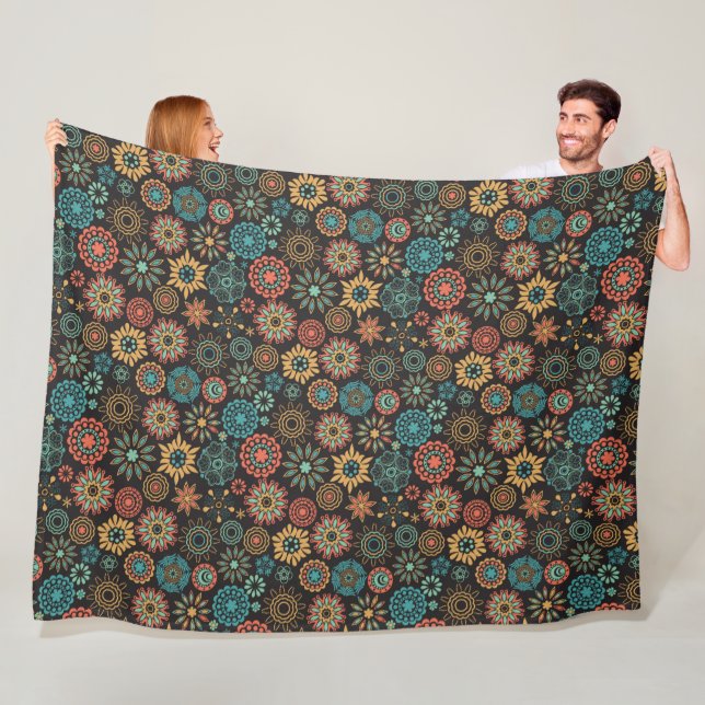 Moderne, orangefarbene und aquamarine Blumenmuster Fleecedecke (Beispiel)