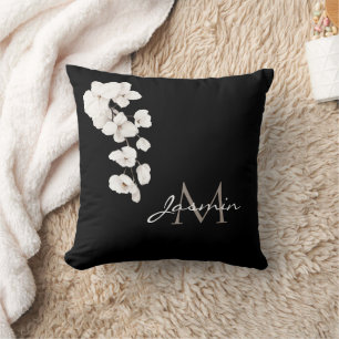 Moderne Orchideen-Monogramm in Schwarz-Weiß Kissen