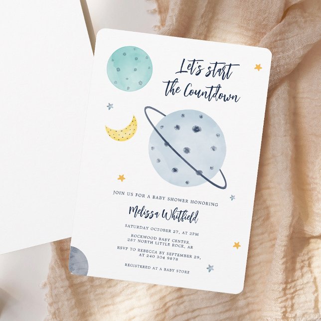Moderne Outdoor Space Script Boy Baby Dusche Einladung (Modern Outer Space Script Boy Baby Shower Invitation)