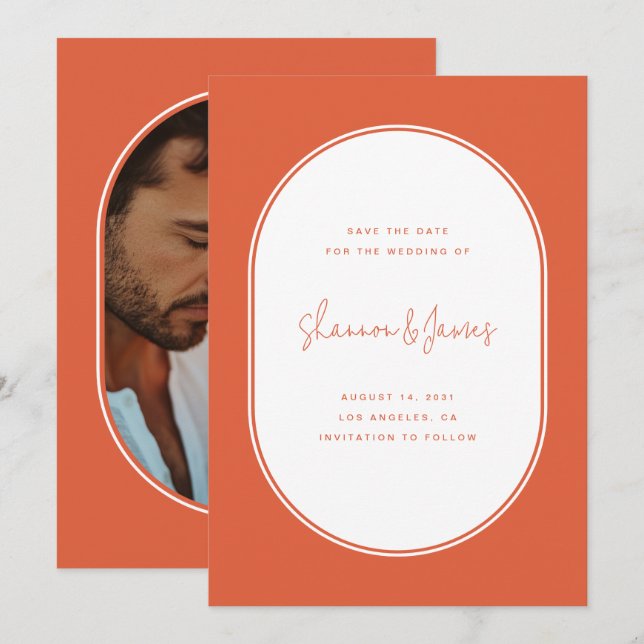Moderne Oval Frame Foto Sunset Orange Wedding Save The Date (Vorne/Hinten)