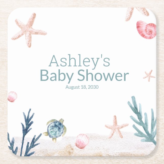 Moderne Ozeanschildkröte Starfish Girl Babydusche Rechteckiger Pappuntersetzer (Vorderseite)