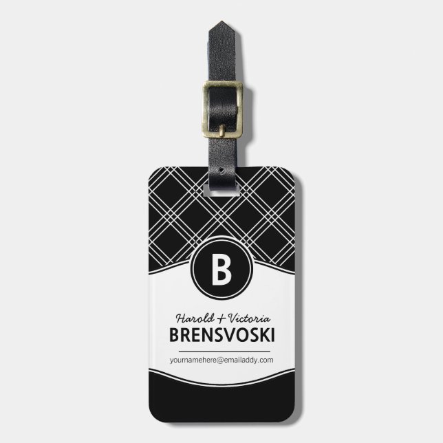 Moderne Paar-Schwarzweiss-Monogramm Gepäckanhänger (Vorderseite vertikal)