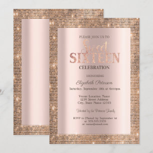 Moderne Pailletten Rahmung Roségold Sweet 16 Einladung