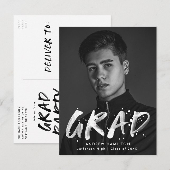 Moderne Paint Spritzer Foto Graduation Party Einladungspostkarte (Vorne/Hinten)