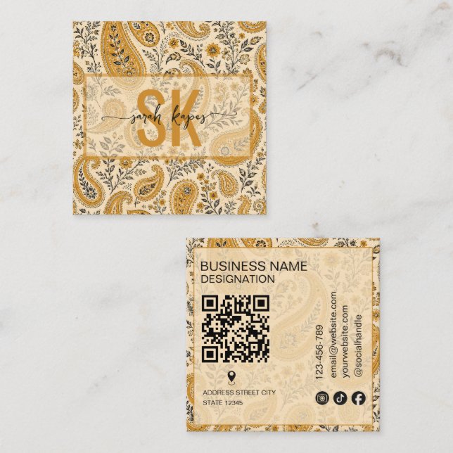 Moderne Paisley-Muster-Monogramm-Qr-Code Quadratische Visitenkarte (Vorne/Hinten)
