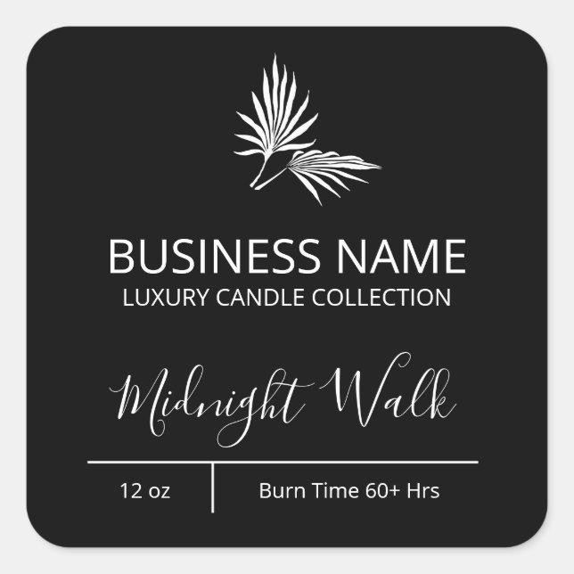 Moderne Palm Black Candle Labels Quadratischer Aufkleber (Vorderseite)