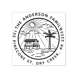 Moderne Palm Tree & Sun Runde Familienname Gummistempel