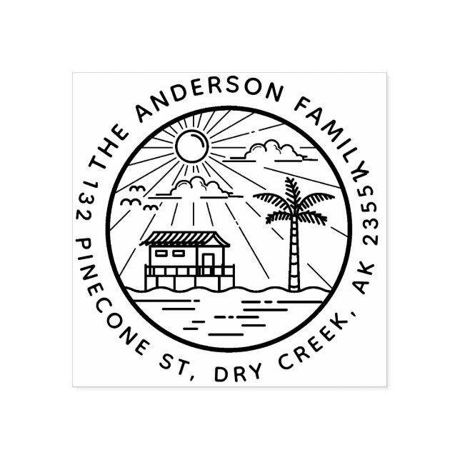 Moderne Palm Tree & Sun Runde Familienname Gummistempel (Prägung)