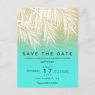 Moderne Palme Gold Aqua Save-the-Date Ankündigungspostkarte