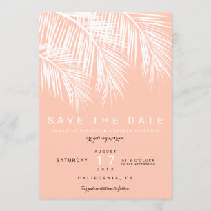 Moderne Palme Pfirsich Lachs Save-the-Date Einladung