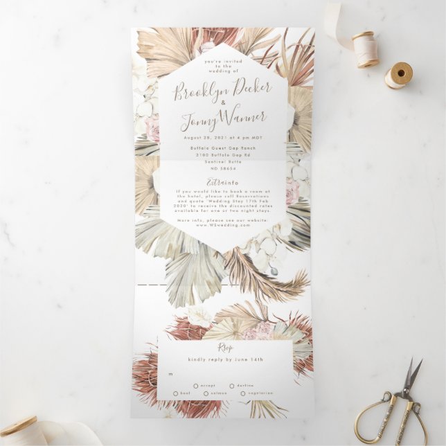 Moderne Pampas Boho Wüstenhochzeit Dreifach Gefaltete Einladung (Innenseite)
