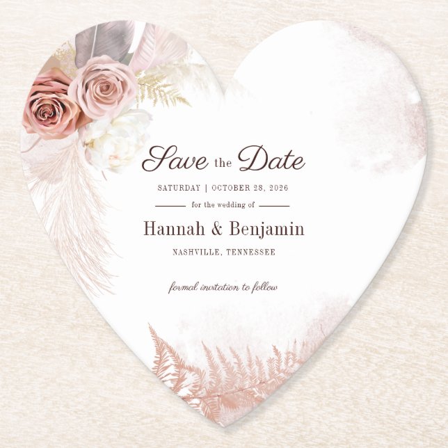 Moderne Pampas Grass Floral Script Save the Date Untersetzer (Vorderseite)