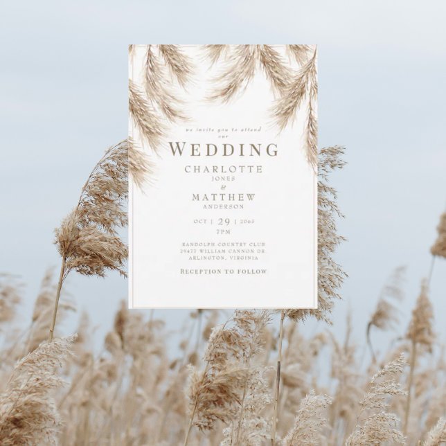 Moderne Pampas White Wedding Einladung (Von Creator hochgeladen)