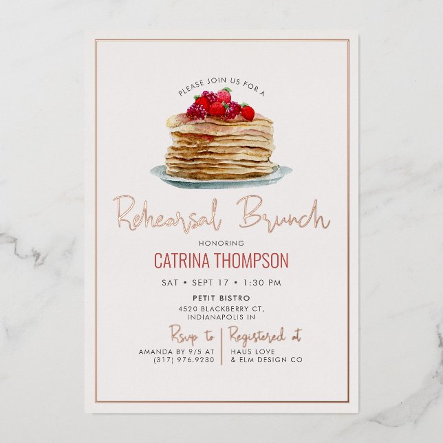 Moderne Pancakes Probe Brunch Rose Gold Folieneinladung (Vorderseite)