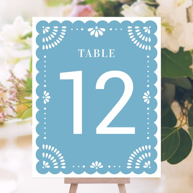 Moderne Papel Picado Wedding Tischnummer, Blue (Mexican Papel Picado Table Number)