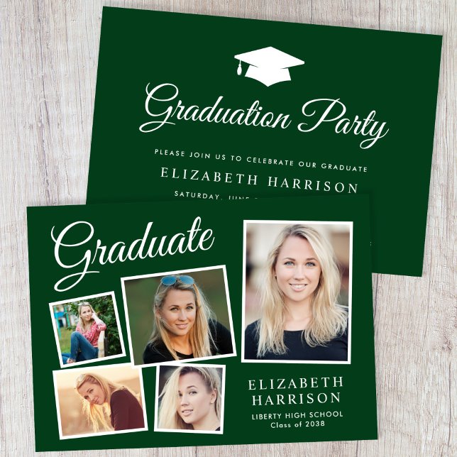 Moderne Partei für grüne Absolventen von Fotosamml Einladung (A personalized photo graduation party invitation to celebrate the graduate's achievements)