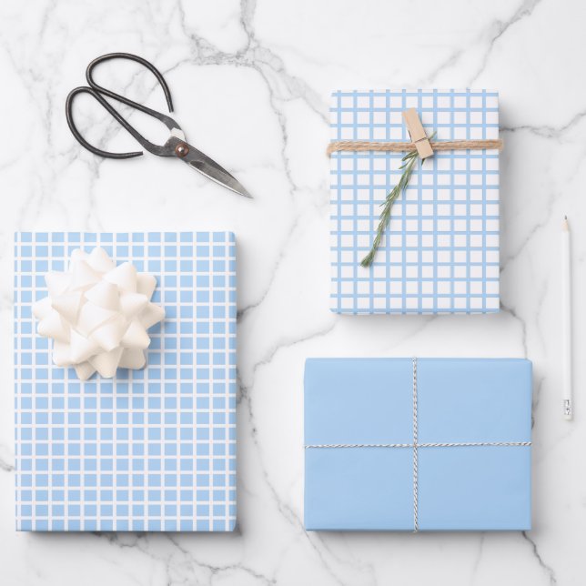 Moderne Pastel Blue Gingham Wrapping Paper Sheets Geschenkpapier Set (Vorderseite)