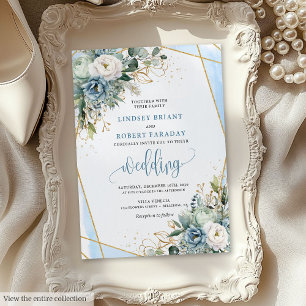 Moderne Pastel Blue Gold Peonies Einladung Hochzei