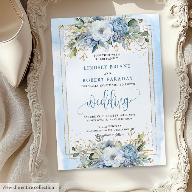 Moderne Pastel Blue White Gold Blume Hochzeit Einladung (Modern Pastel Blue White Gold Flowers Wedding Invitation )