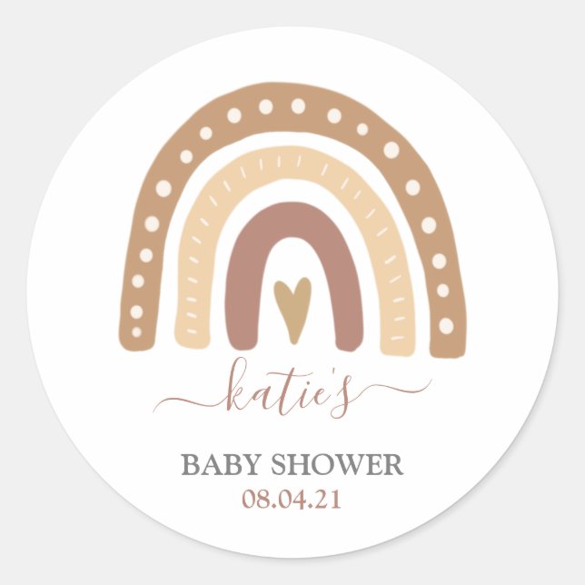 Moderne Pastel Brown Rainbow Boho Babydusche Runder Aufkleber (Vorderseite)