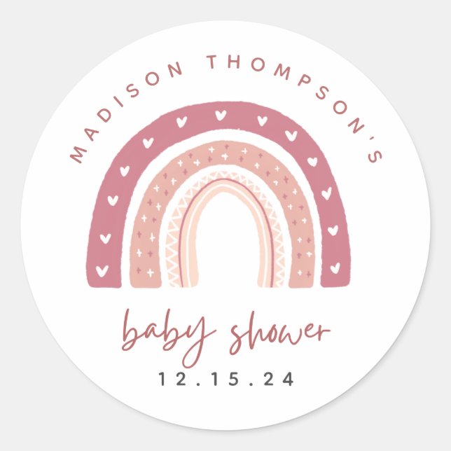Moderne Pastel Pink Rainbow Baby Dusche Runder Aufkleber (Vorderseite)
