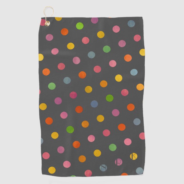 Moderne Pastel Polka Dots Charcoal Gray Mit Monogr Golfhandtuch (Vorderseite)