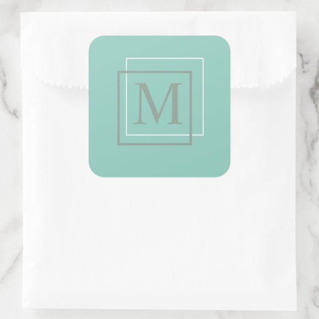 Moderne Pastel-Türkis- und Grau-Monogramm-Aufklebe Quadratischer Aufkleber (Tasche)