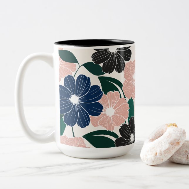 Moderne Pastel- und Dunkle Blume Zweifarbige Tasse (Mit Donut)