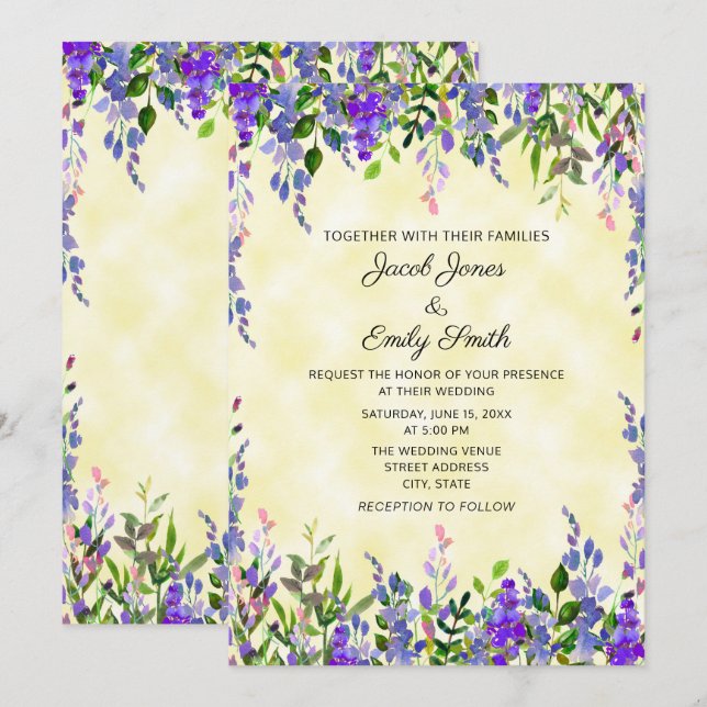 Moderne Pastel Watercolor Lavendel Gelbe Hochzeit Einladung (Vorne/Hinten)