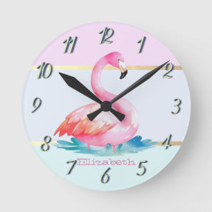 Moderne Pastell-Gestreift,Rosa Flamingos  Runde Wanduhr