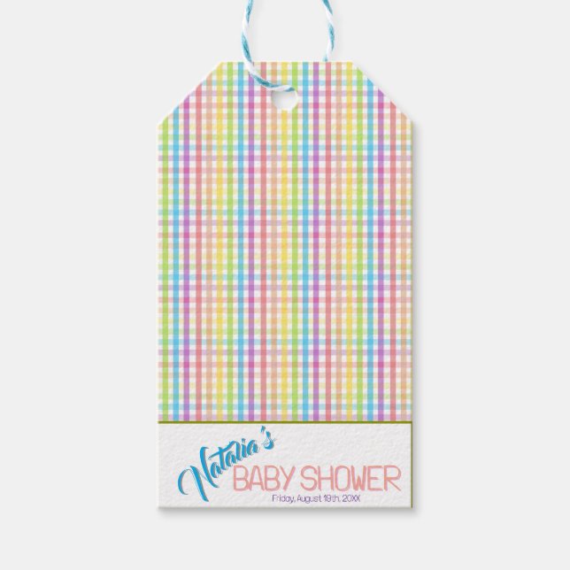 Moderne Pastell-Karo-Regenbogen-Baby-Party Geschenkanhänger (Vorderseite)