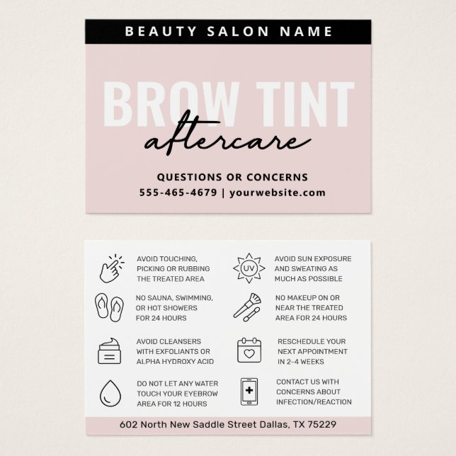 Moderne Pastell Pink Eyebrow Tint Aftercare Card (Vorne & Hinten)