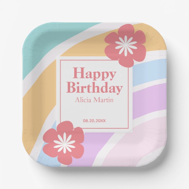 Moderne Pastell Rainbow Blume Geburtstag Pappteller (Vorderseite)
