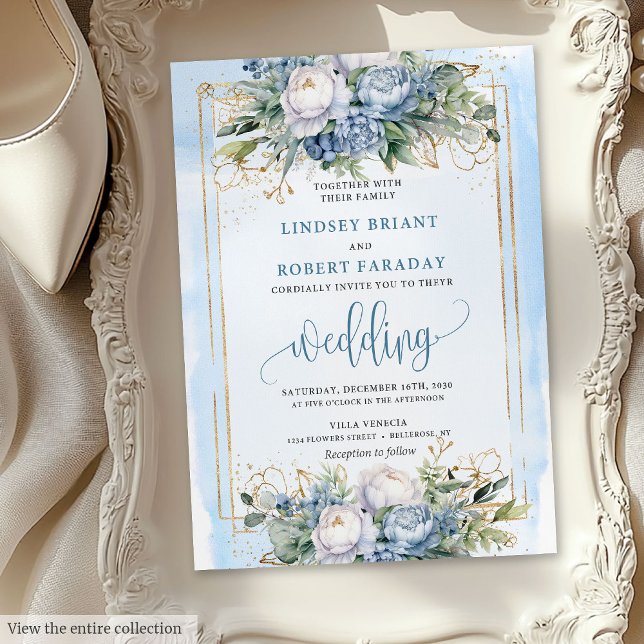 Moderne pastellblaue Blume Hochzeitsreise Einladung (Modern pastel blue gold flowers wedding invitation

)