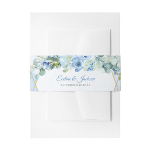 Moderne pastellblaue Blumen Goldrahmen Eukalyptus Einladungsbanderole